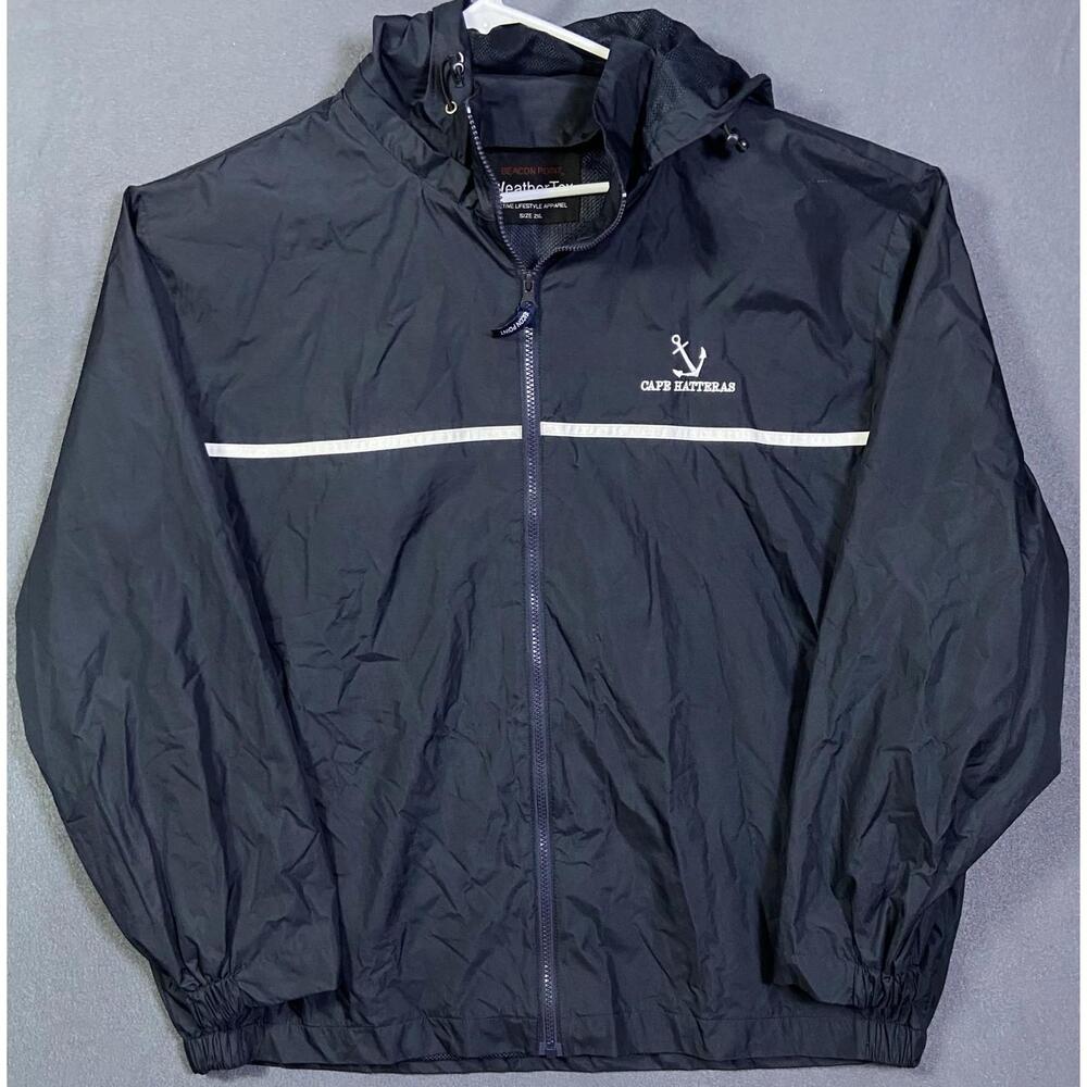 BEACON POINT | Men's Hooded Rain Jacket 2XL XXL Windbreaker Cape Hatteras Navy